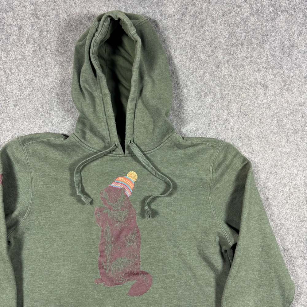 Marmot Hoodie Mens Small Green Marmot Beanie Graphic Fleece Pullover Sweatshirt* - Picture 2 of 14